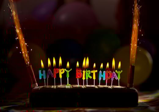 Happy birthday candles on a chocolate cake